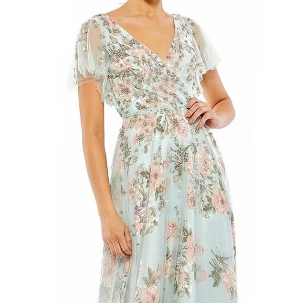 Floral Surplice V-Neck Short Flutter Sleeve A-Line Gown - Picture 2 of 10